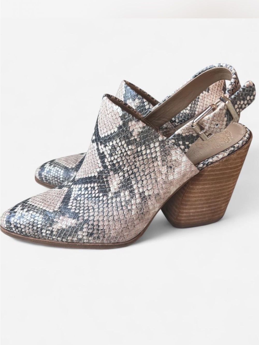 Vince Camuto Snake-Print Slingback Block Heels in Blush and Gray